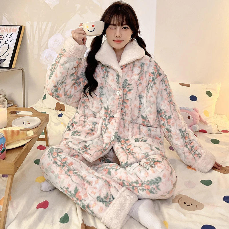 夹棉睡衣女三层加绒加厚冬秋季保暖珊瑚绒家居服套装新款可外穿52
