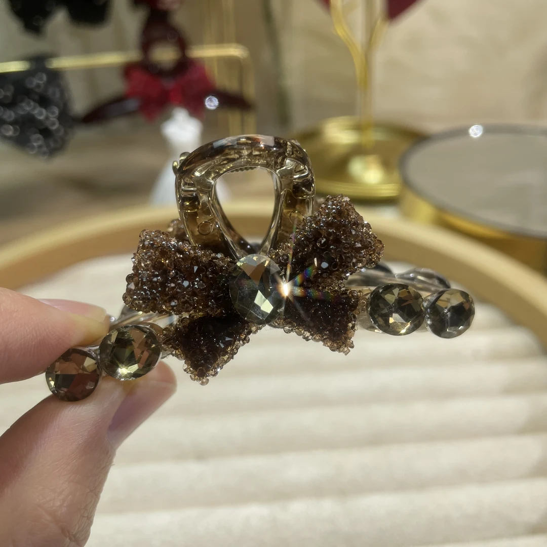 恒赞春季新品咖色满钻蝴蝶结中号抓夹7公分韩版气质半扎发夹 5633