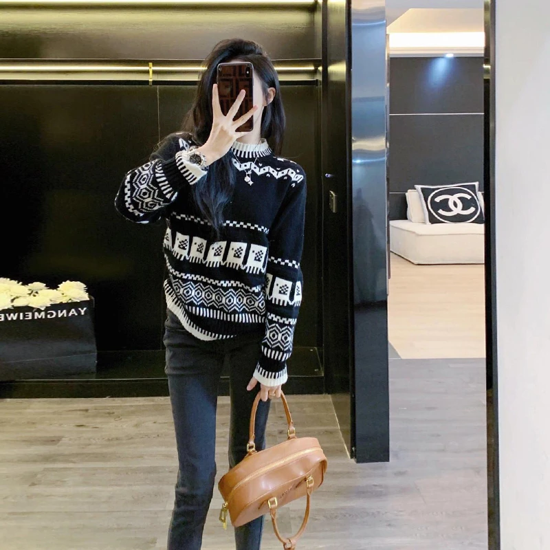 网红长袖费尔岛毛衣女秋冬季爆款2025新款慵懒风宽松短款针织衫潮