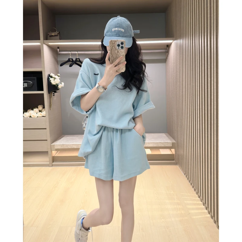 五一必备衣服女套装夏休闲运动网红蓝色宽松短袖上衣短裤减龄洋气