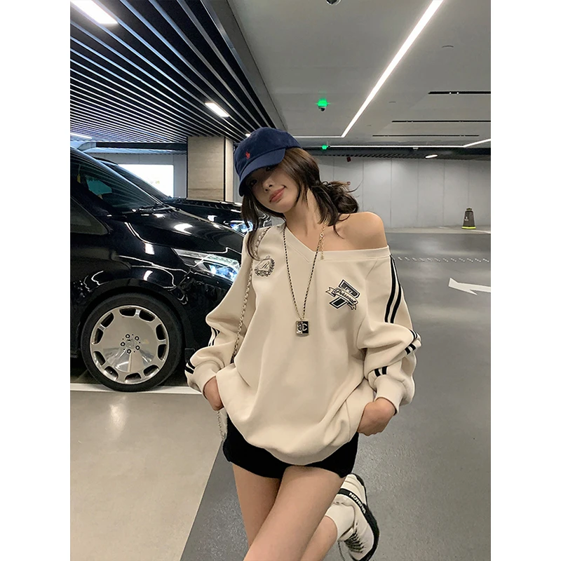 chic卫衣女春秋季新款休闲风宽松甜酷一字斜肩薄款上衣露肩