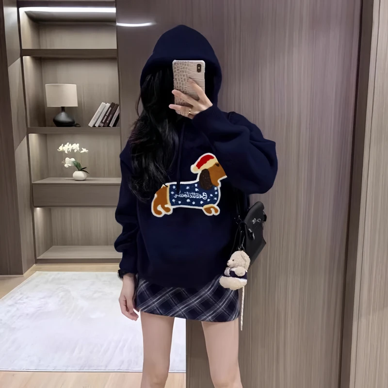 减龄小狗绣花连帽卫衣女秋冬美式休闲宽松慵懒风长袖小个子外套潮