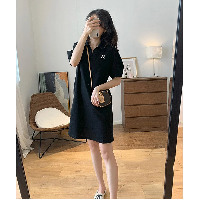 宽松显瘦polo领小黑裙2025年休闲新款气质减龄常规短袖T恤裙女夏
