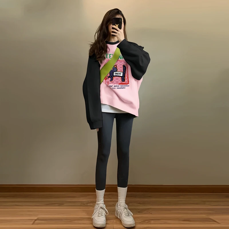 美式复古插肩袖卫衣女秋冬粉色加绒加厚百搭宽松薄款慵懒风外套潮