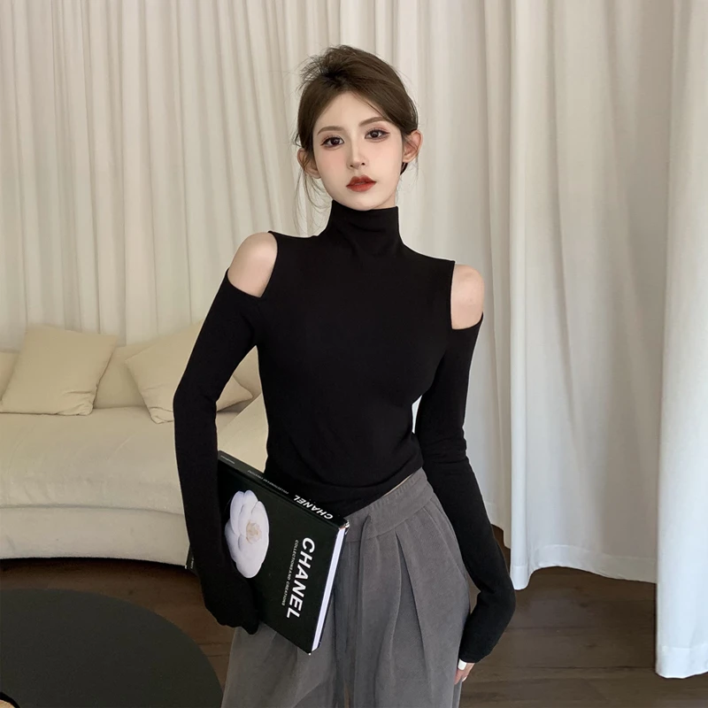 港味加绒柔软好穿露肩打底衫女秋冬高领内搭洋气黑色半高领t恤潮