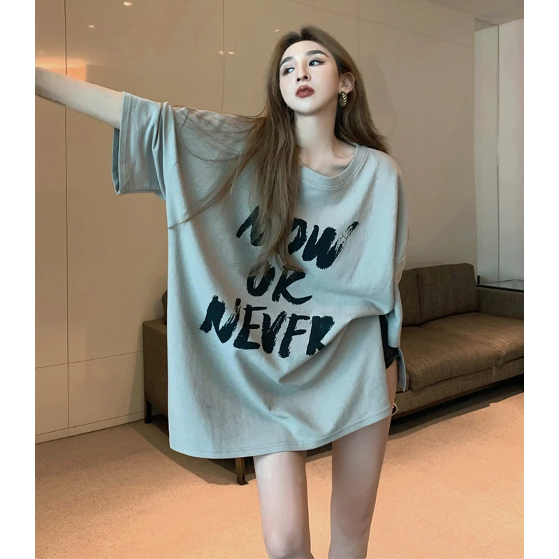 港味复古短袖t恤女夏宽松休闲印花中长款慵懒风百搭半袖洋气上衣