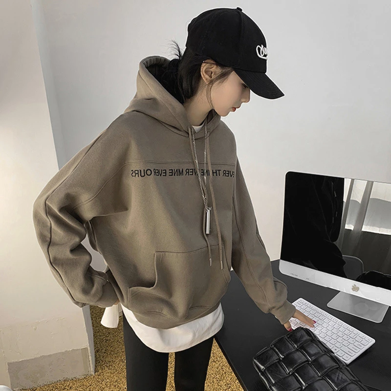 美式卡其色连帽卫衣女秋冬2025新款宽松字母高级感oversize外套潮