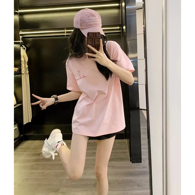 粉色短袖t恤女2025年新款字母圆领印花中长款韩版设计感时尚上衣