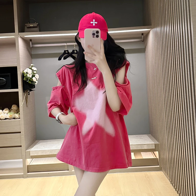 美式复古可拆卸星星短袖t恤女夏季高街宽松无袖百搭中长款上衣潮