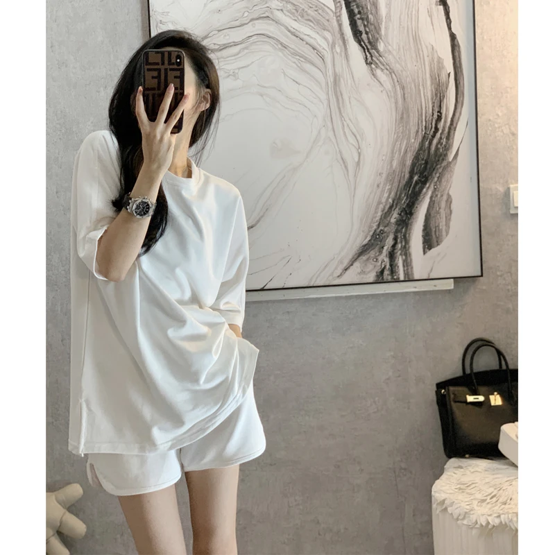 网红时尚减龄休闲运动套装女夏款2025新款白色t恤短裤两件套潮ins