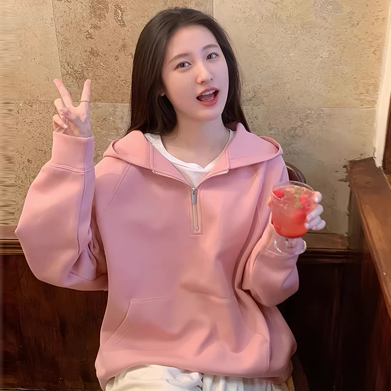 粉色连帽慵懒风加绒卫衣女冬韩版设计感小众宽松百搭长袖加厚外套