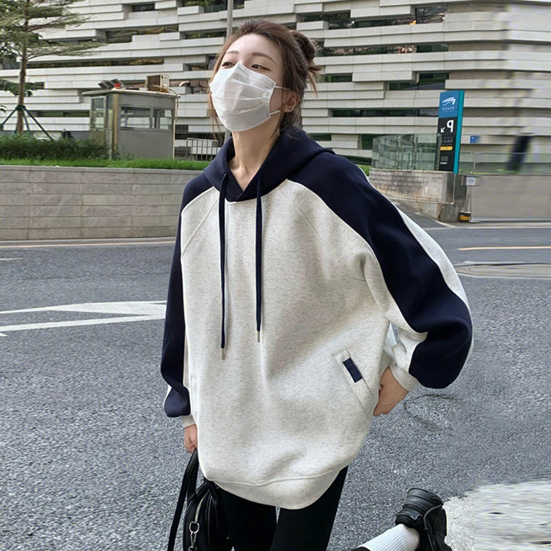 美式春秋薄款连帽卫衣女秋冬复古中长款遮屁股宽松欧货高级感上衣