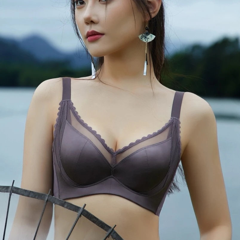 【日落】轻奢缎面蕾丝内衣聚拢收副乳软圈调整型文胸3317