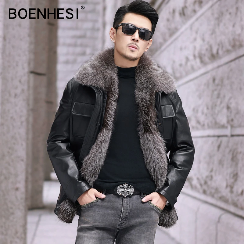 海宁真皮皮衣头层牛皮银狐领脱卸羽绒内胆猎装冬装厚外套保暖夹克