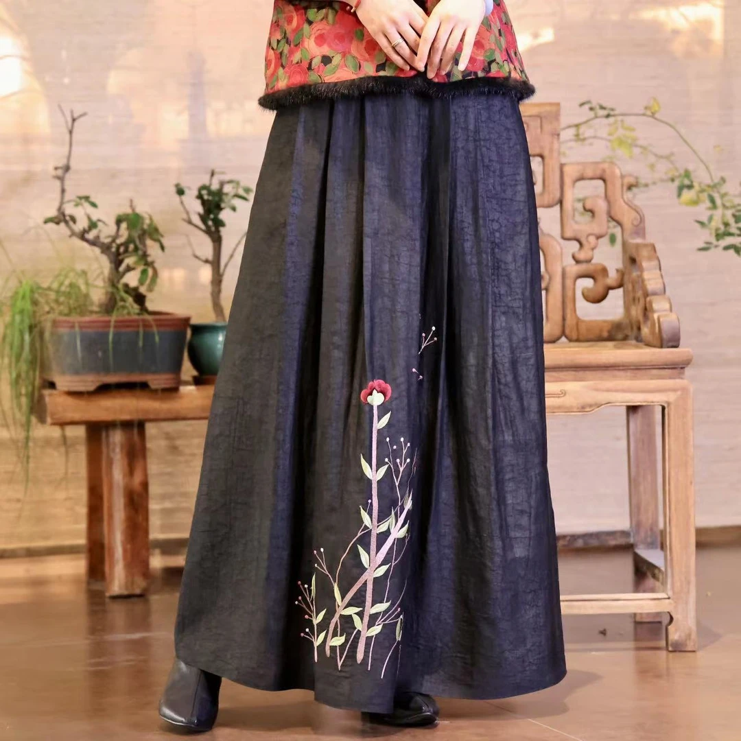 {苏梦}香云纱新中式绣花半裙雅致女夏季夏季实穿宽松桑蚕丝0155