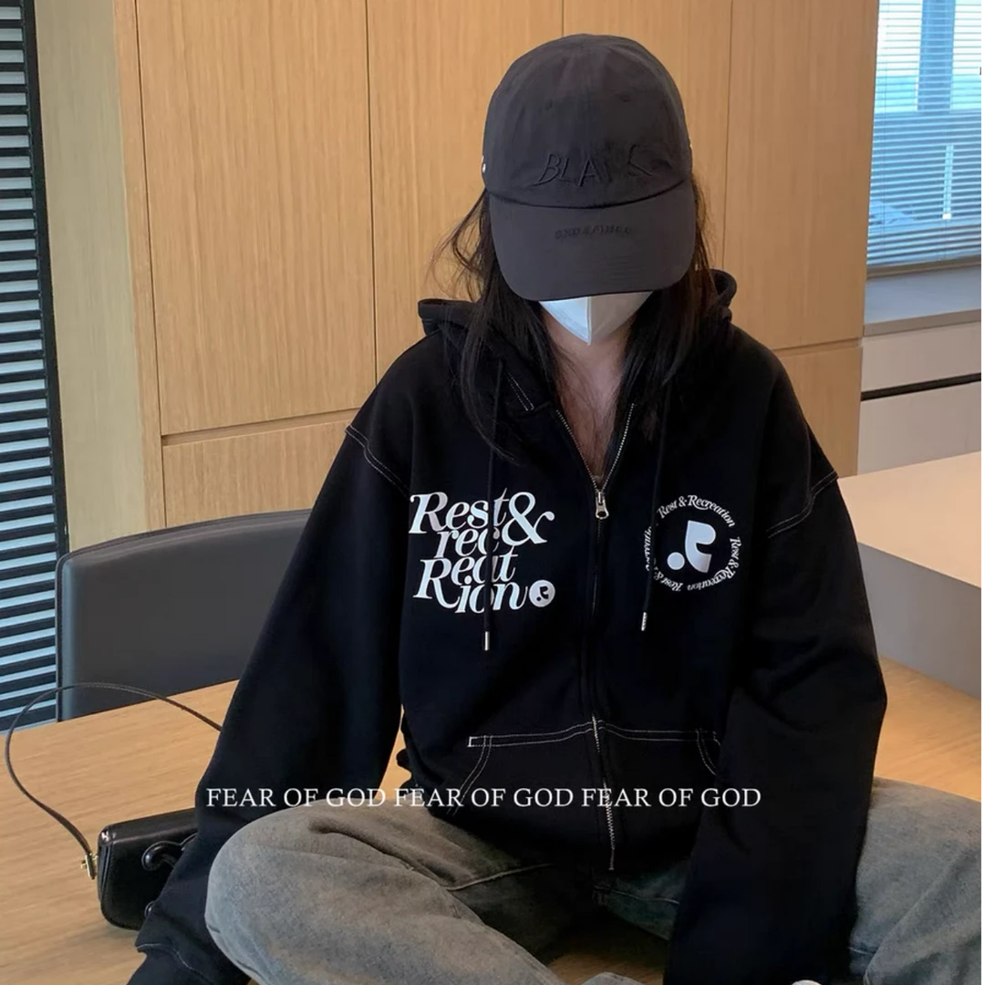 刘宪华同款!restandrecreation字母印花拉链卫衣潮牌宽松情侣外套