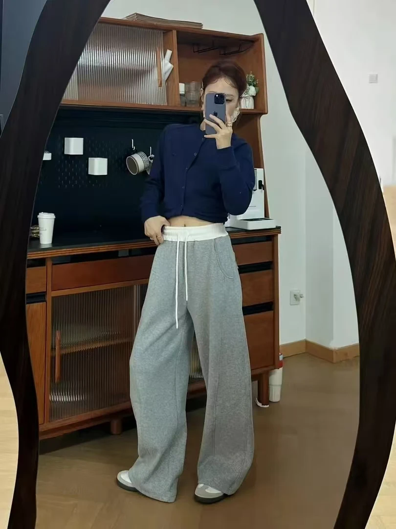 【egg原单 现货弯刀裤】韩版休闲运动垂坠感拼接加绒阔腿裤