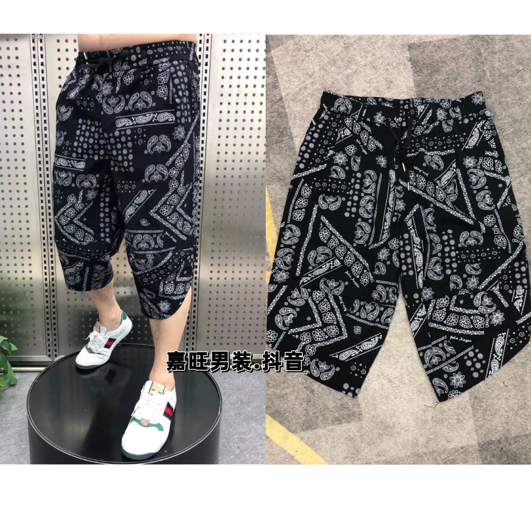 0035夏季男士潮流时尚宽松舒适轻薄透气花纹七分哈伦阔腿短裤