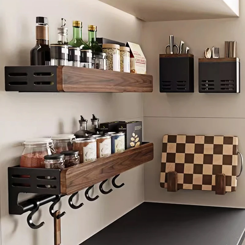 胡桃木厨房调料置物架免打孔壁挂式多功能刀架锅盖架收纳置物架子