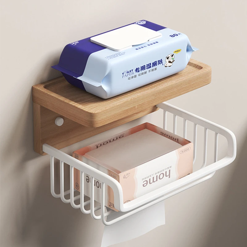 原木卫生间纸巾架多功能免打孔壁挂厕所置物架抽纸盒纸巾盒厕纸篓