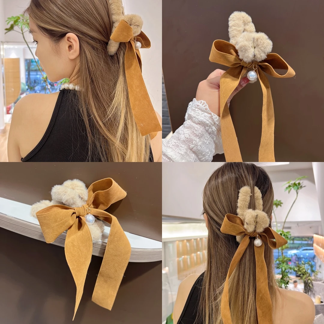 韩国秋冬毛绒发饰发抓夹子ins发夹女后脑勺抓夹蝴蝶结吊坠