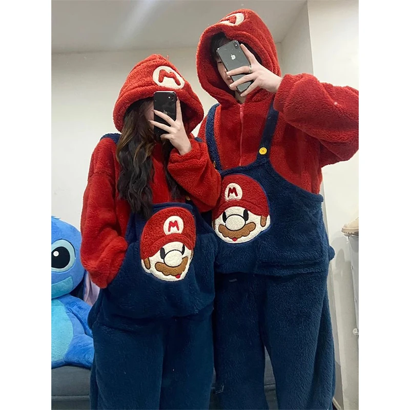 网红卡通马里奥连帽连体睡衣女冬季保暖珊瑚绒加厚情侣大码家居服