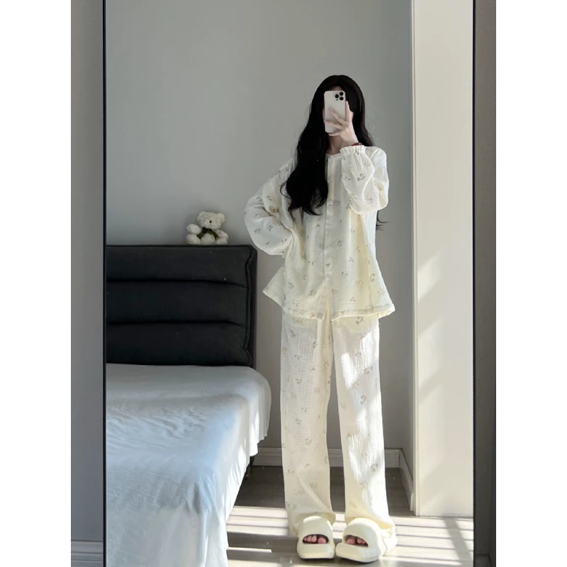 睡衣女夏款2024新款大码薄款甜美碎花婴儿纱家居服套装秋季胖mm