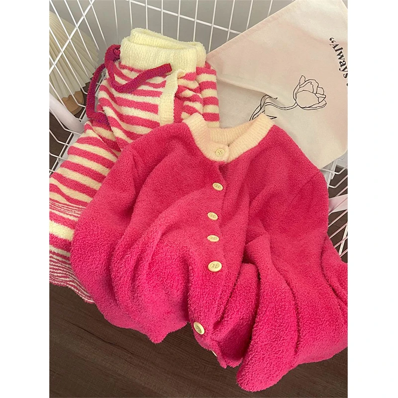 韩版甜美半边绒睡衣女冬季新款高级感加绒加厚撞色保暖家居服套装