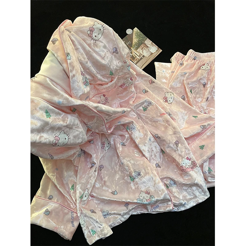 高级感卡通印花金丝绒长袖睡衣女秋冬季新款网红风家居服大码套装