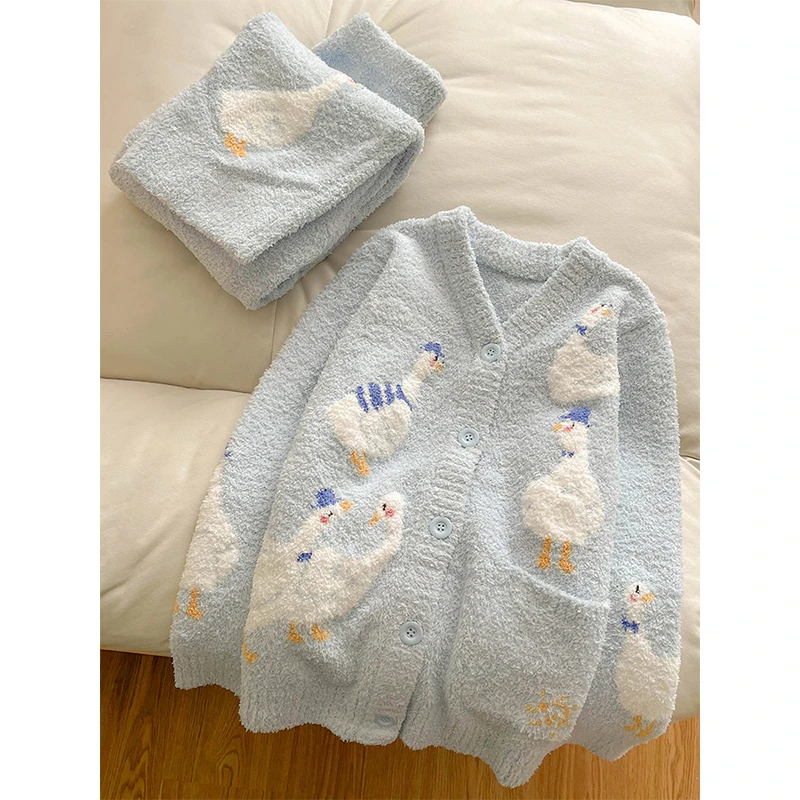 网红风可爱卡通加厚半边绒睡衣女冬款小众宽松保暖长裤家居服套装