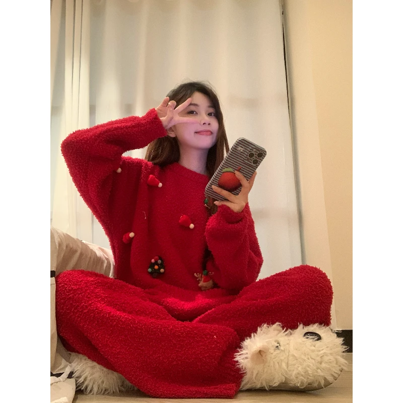 圣诞红色半边绒睡衣女冬季新款甜美风气质加厚保暖家居服大码套装