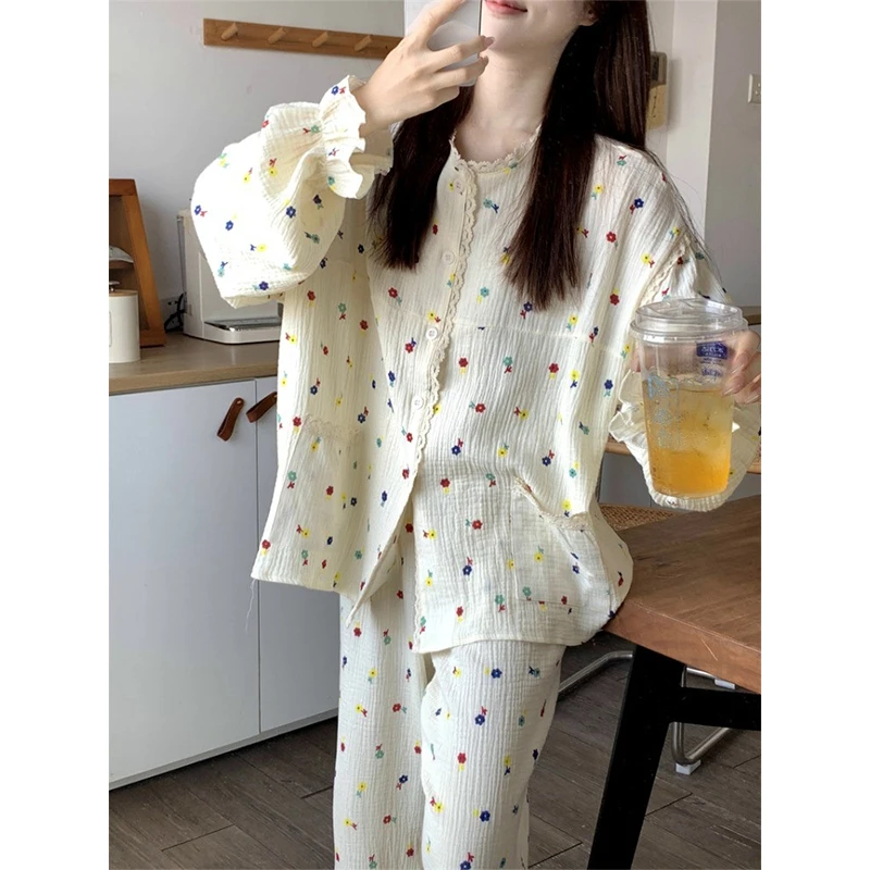 甜美少女碎花印花棉纱睡衣女春秋季2024新款家居服大码套装可外穿