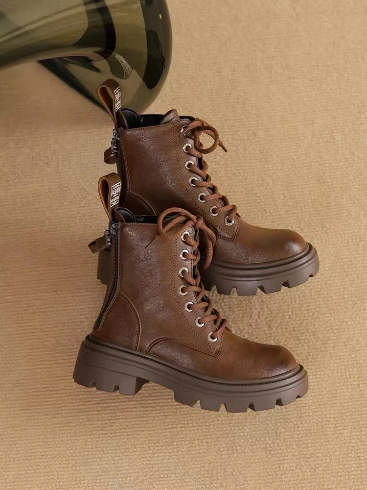 手工设计师马丁靴2023秋冬新款英伦加绒短靴增高圆头复古单靴