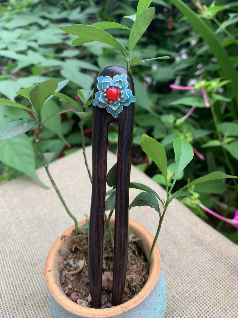 黑檀木双钗镶嵌景泰蓝发簪发钗配饰盘发国风