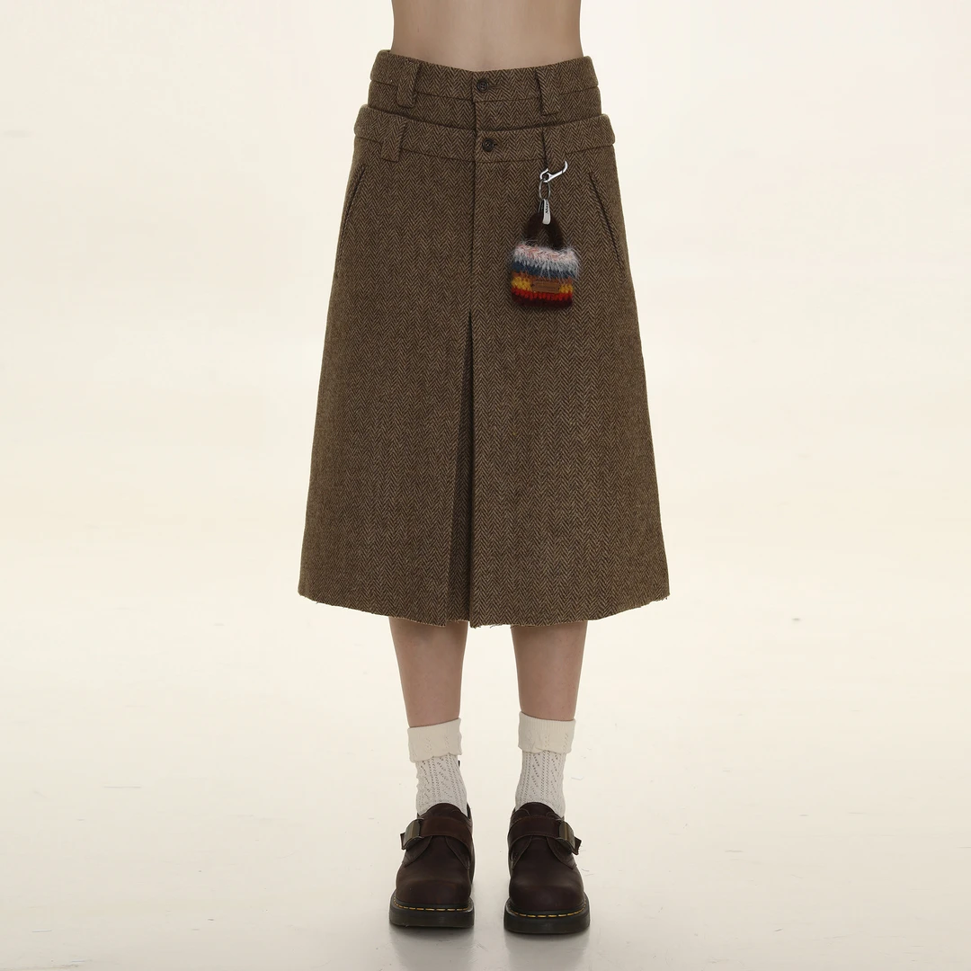 Moromoro 复古学院风咖色双腰头半身裙中长款女设计感高腰A字长裙