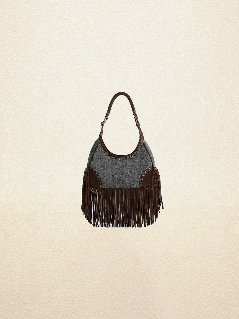 【大朦专属】Moromoro复古斜纹牛仔拼流苏撞钉手提腋下包女小众包包