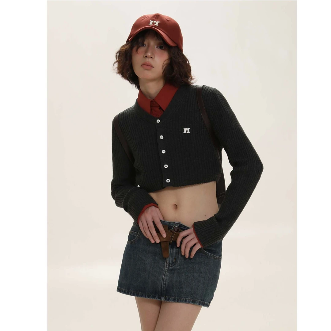 Moromoro 薄款V领软糯长袖针织开衫新款修身显瘦高腰毛衣女露脐装