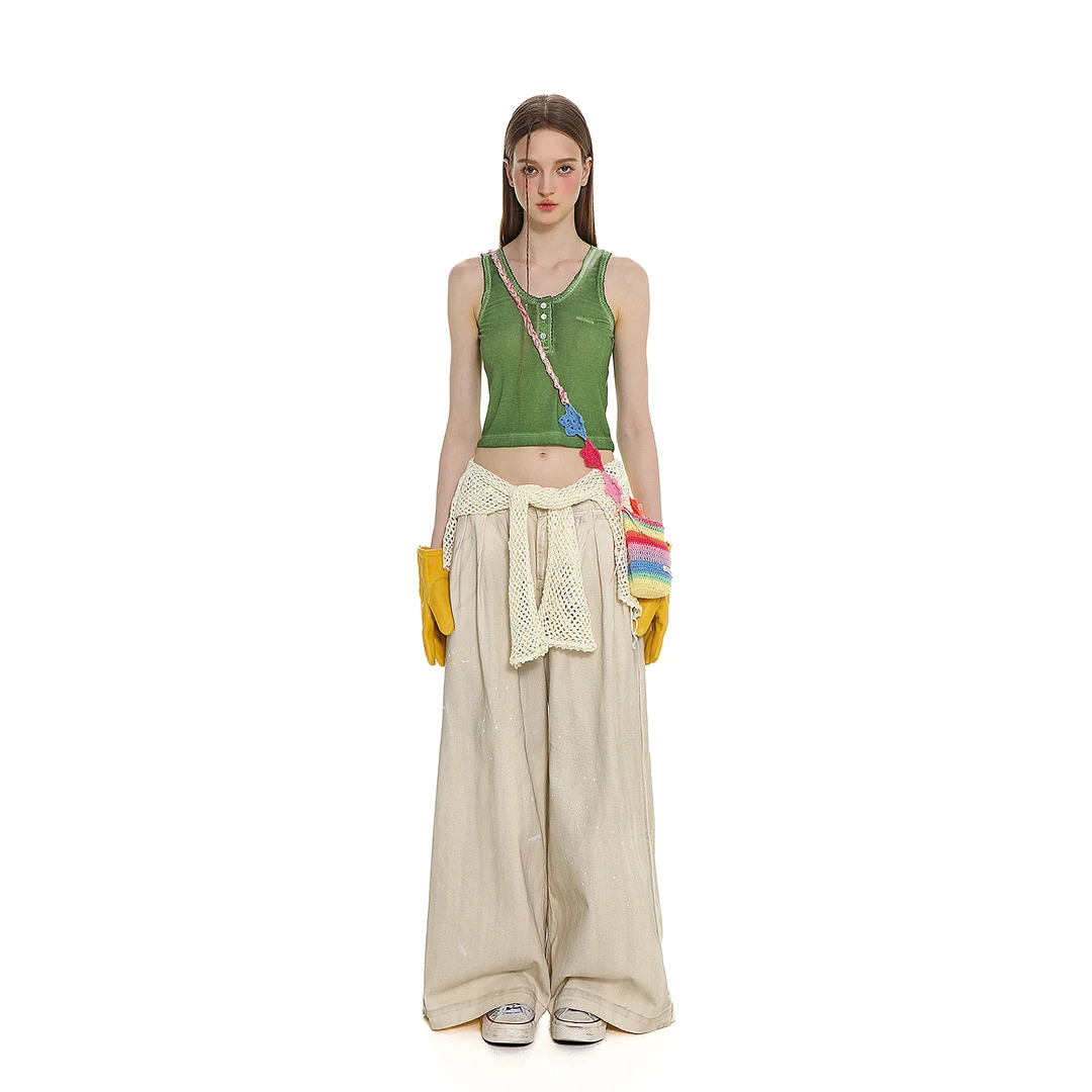 Moromoro 设计感多色三纽扣炒脏无袖刺绣标花边背心