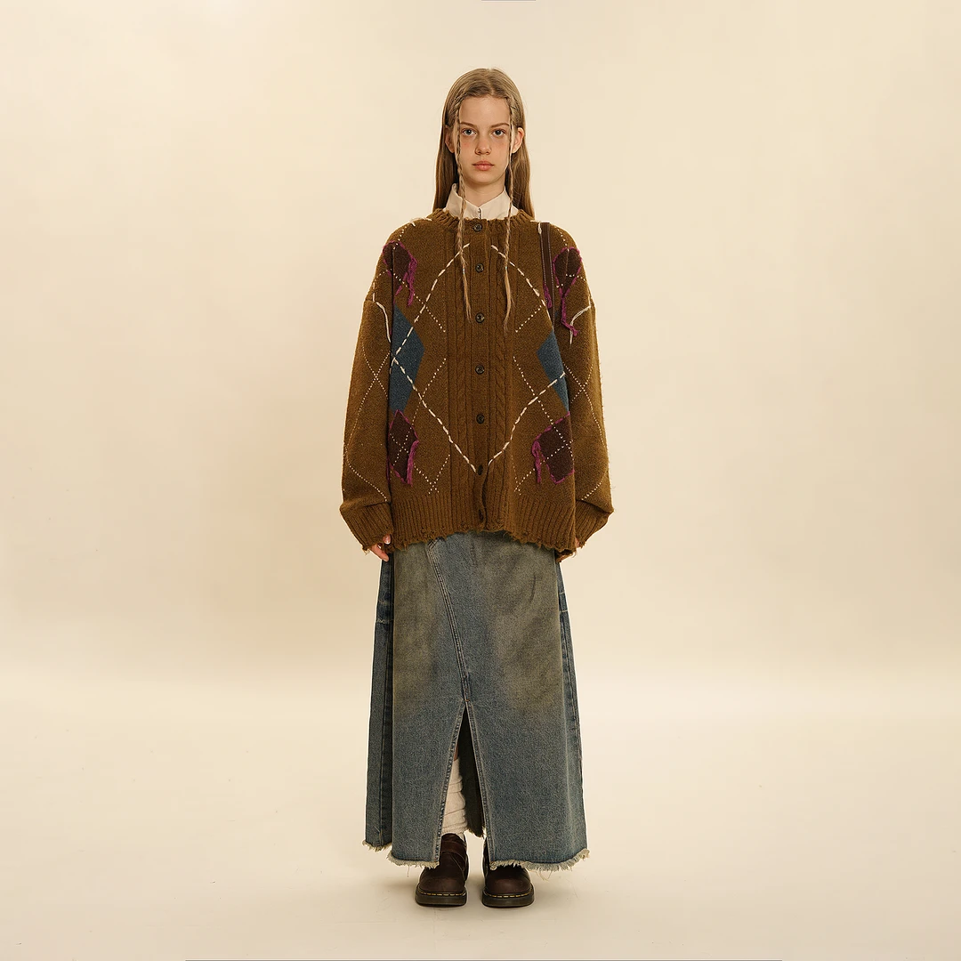 Moromoro宽松圆领手绣线流苏撞色菱格纹毛衣女复古慵懒针织衫上衣