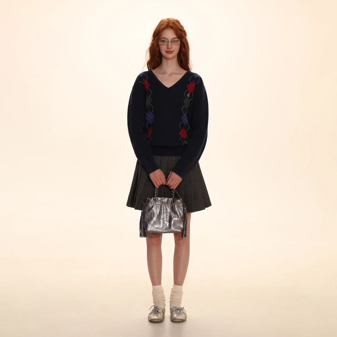 Moromoro 美式复古学院风菱格纹宽松毛衣女秋季休闲V领撞色针织衫