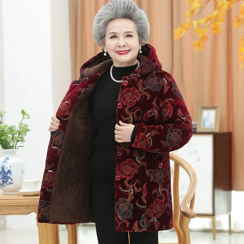 奶奶装冬季棉服6070岁80老年人冬装棉衣女老太太加厚连帽棉袄外套