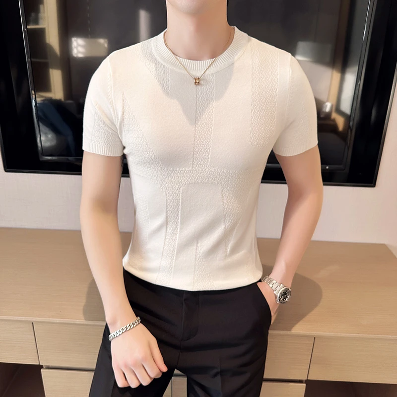 新款男士男生弹力修身圆领纯色提花针织衫薄毛衣打底衫短袖T恤