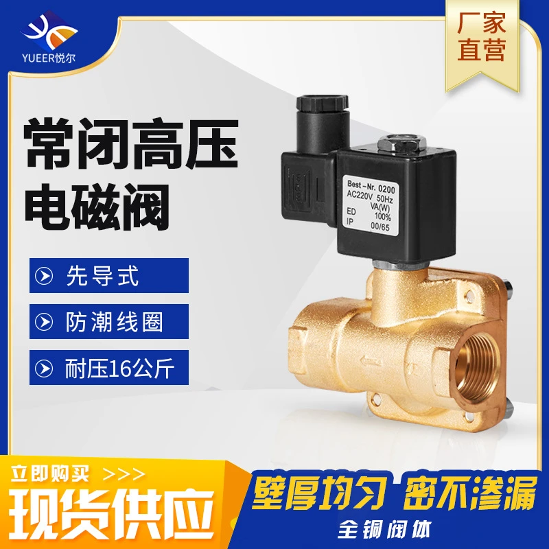 悦尔常闭黄铜水阀电磁控制阀管道控制电子阀铜阀门高压电磁阀220v