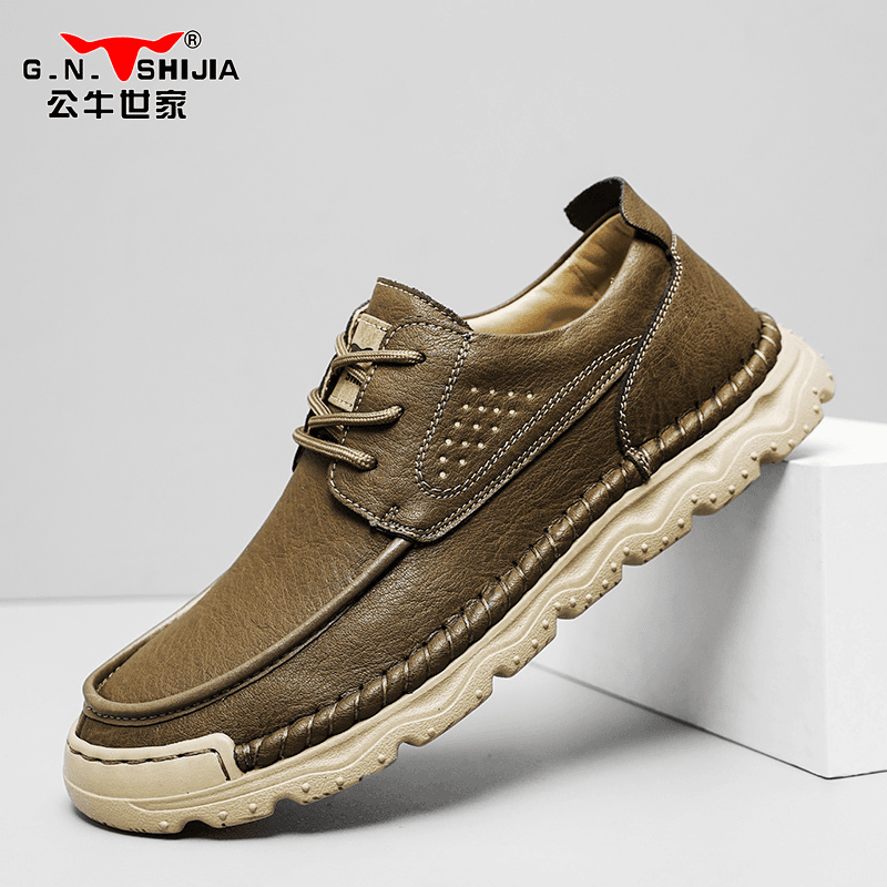 公牛世家鞋夏季透气真皮高级感休闲皮鞋棕色复古低帮工装鞋