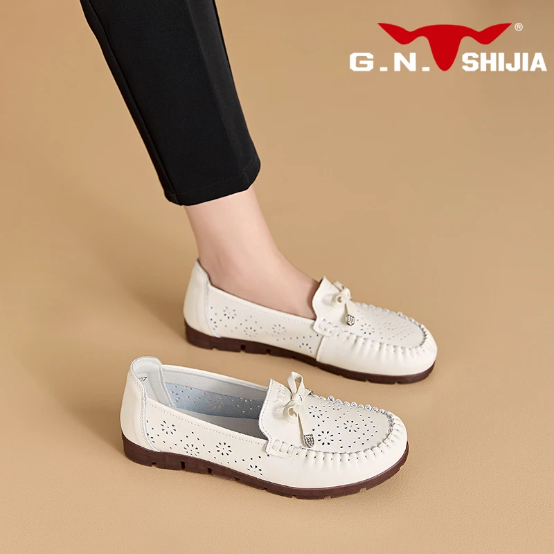 公牛世家镂空透气小白鞋女2024新款春夏薄款小皮鞋软底休闲单鞋子