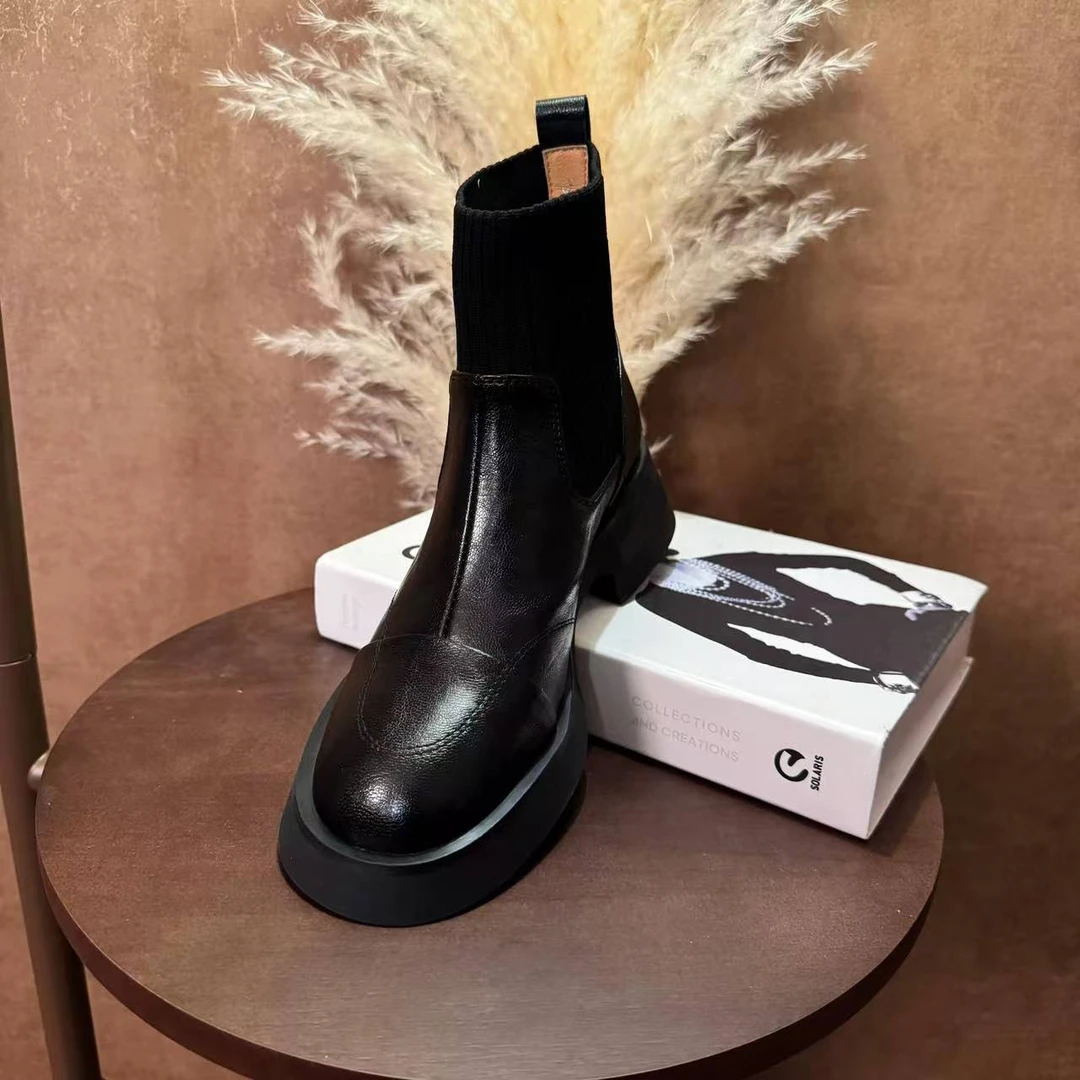 气质简约职场通勤粗跟百搭圆头显瘦套筒厚底瘦瘦靴短靴3641