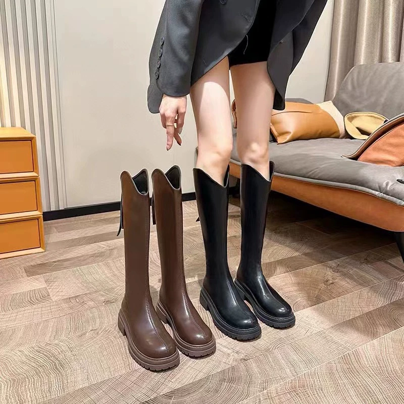 爆款长筒靴女秋冬2024年新款不过膝后拉链v口高筒骑士靴9823