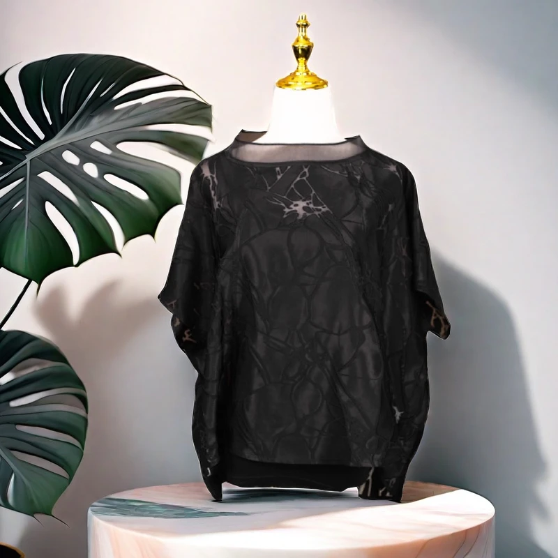 【唯衣魅】静哚2024082夏季女士设计师款黑色时尚纹理上衣女款