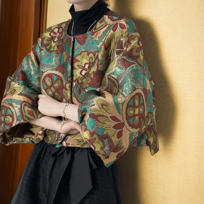 【静哚】现货新款春秋女士彩花时尚外套气质休闲提花设计中式外套女