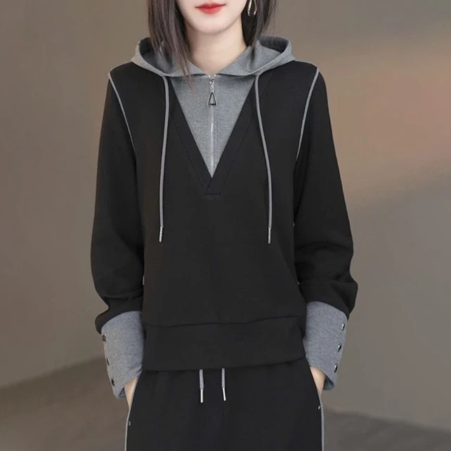 2024秋时尚连帽拼接卫衣套装女2024春秋爆款减龄显瘦阔腿裤两件套